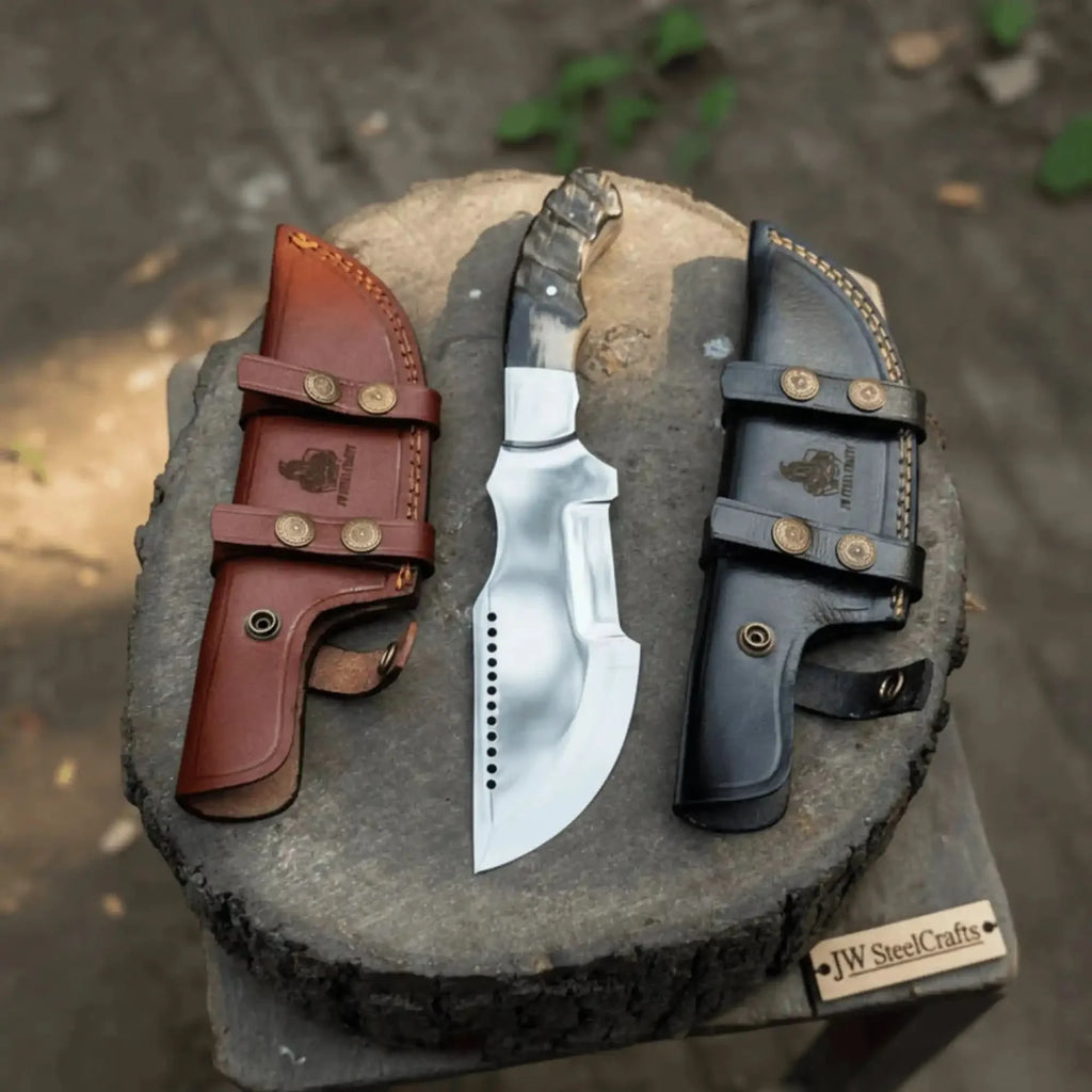 Handmade Carbon Steel Tracker Knife Ram Horn or Wendi Wood Handle