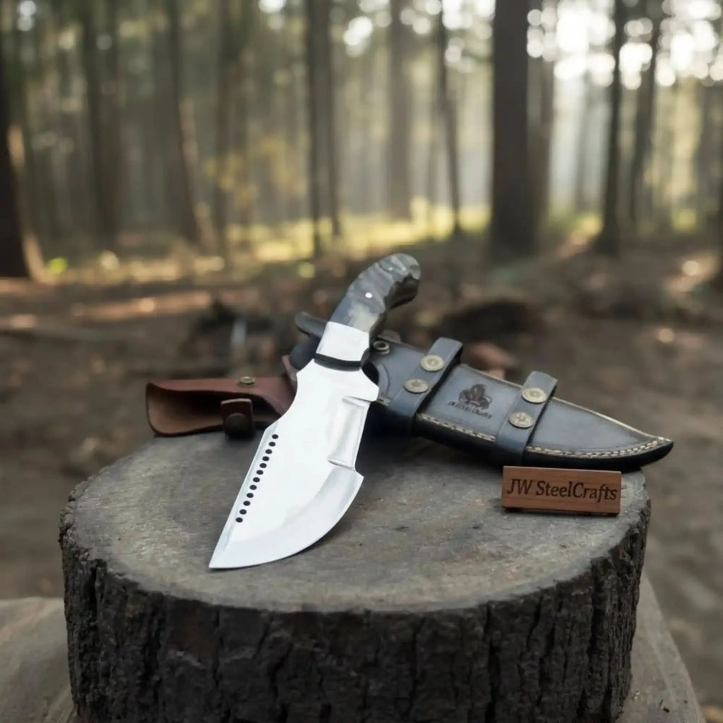 Handmade Carbon Steel Tracker Knife Ram Horn or Wendi Wood Handle